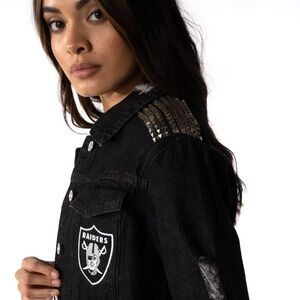 The Wild Collective Oakland Raiders NFL Graffiti Black Studded Denim Jacket
